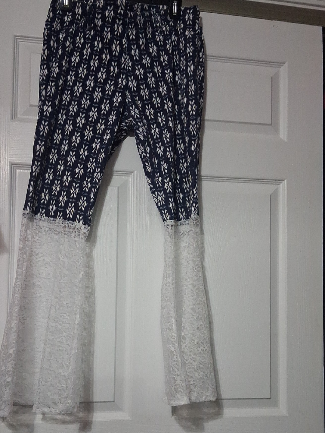 Navy Patterned Lace Bell-Bottom Pants